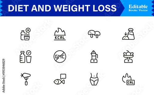 Diet and Weight Loss Essentials – Professional Line Icon Set Featuring Minimal, Modern, and Pixel-Perfect Designs for Health and Wellness Themes