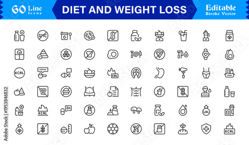 Diet and Weight Loss Essentials – Professional Line Icon Set Featuring Minimal, Modern, and Pixel-Perfect Designs for Health and Wellness Themes