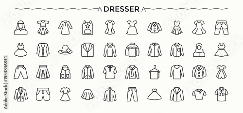 dress icon collection. Related to cloth, clothes, apparel, clothing, suit and more. Carpentry icon set. Outline icons pack. Editable vector illustration.