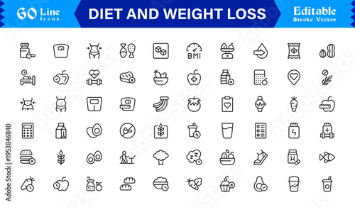 Diet and Weight Loss Essentials – Professional Line Icon Set Featuring Minimal, Modern, and Pixel-Perfect Designs for Health and Wellness Themes