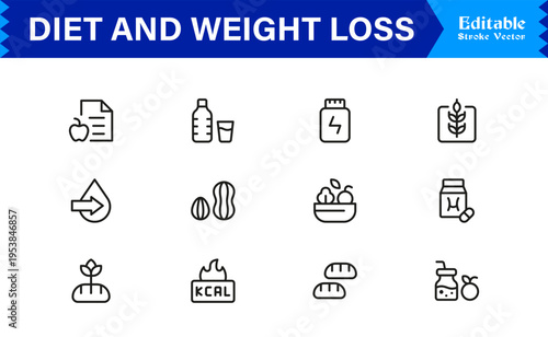 Diet and Weight Loss Essentials – Professional Line Icon Set Featuring Minimal, Modern, and Pixel-Perfect Designs for Health and Wellness Themes