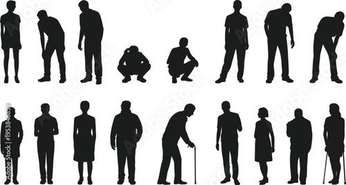 fashion People silhouettes set, human figures collection, different poses standing sitting walking, male female characters, isolated vector illustration, black shadow people design