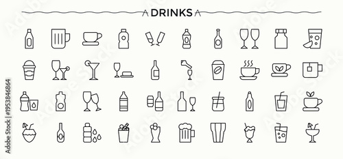 Drinks icon set. Minimal icons set. Wine icon set. Contains outline symbols like juice, glass, cocktail, wine, soft drink and more.