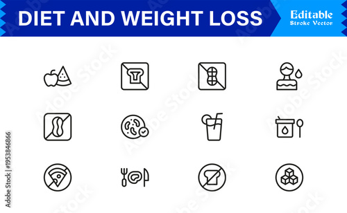 Diet and Weight Loss Essentials – Professional Line Icon Set Featuring Minimal, Modern, and Pixel-Perfect Designs for Health and Wellness Themes