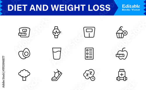 Diet and Weight Loss Essentials – Professional Line Icon Set Featuring Minimal, Modern, and Pixel-Perfect Designs for Health and Wellness Themes