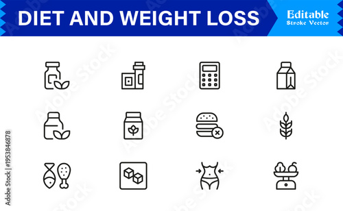 Diet and Weight Loss Essentials – Professional Line Icon Set Featuring Minimal, Modern, and Pixel-Perfect Designs for Health and Wellness Themes