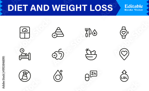 Diet and Weight Loss Essentials – Professional Line Icon Set Featuring Minimal, Modern, and Pixel-Perfect Designs for Health and Wellness Themes
