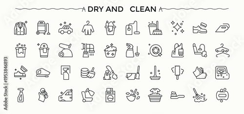 clean icon set. Trendy minimal icons. Thinking icon set. Pictograms of cleaner, cleaning, housekeeping, house cleaning, cleaning and more.