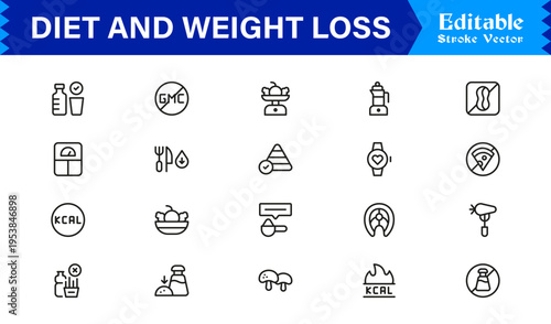 Diet and Weight Loss Essentials – Professional Line Icon Set Featuring Minimal, Modern, and Pixel-Perfect Designs for Health and Wellness Themes