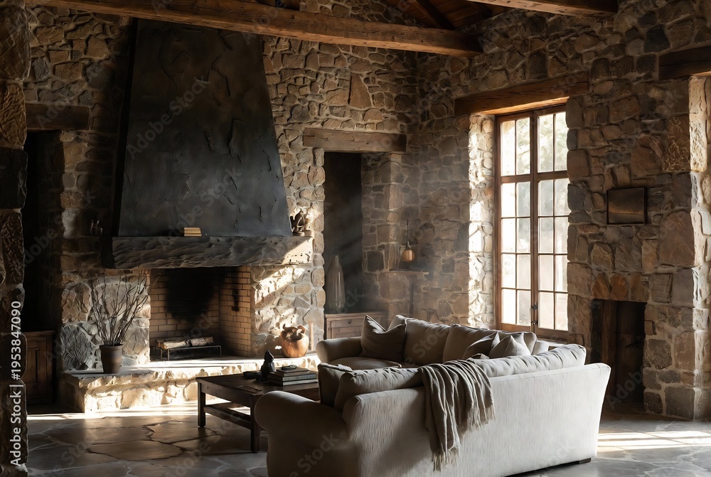 Fototapeta premium A cozy living room with a stone fireplace and rustic furniture.