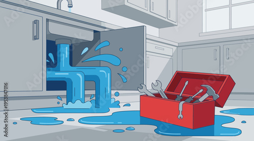 Leaking Kitchen Faucet in Modern Home with Water Spill