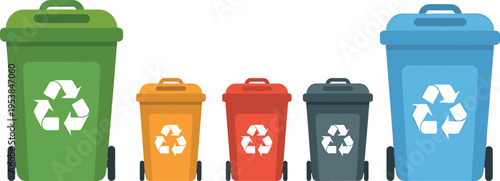 Recycling bins illustration set, colored trash containers, waste sorting system, eco friendly environment concept, garbage management, recycle symbol, modern flat vector design