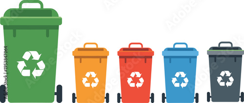 Recycling bins set illustration, waste management containers, colored trash cans, eco friendly environment concept, garbage sorting, recycle symbol, modern flat vector design