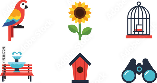Garden and Outdoor Icons Vector Illustration Set with Parrot, Sunflower, Bird Cage, Fountain, Bench, Birdhouse, and Binoculars Collection