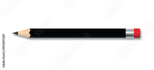 realistic black sharp lead pencil with eraser on rear end vector illustration
