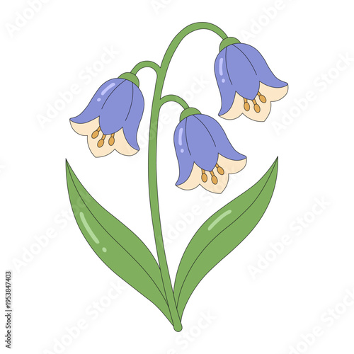 Blue Bellflowers Illustration with Green Leaves and Purple Petals