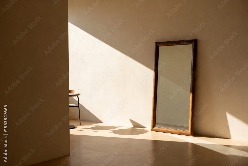 Fototapeta premium A mirror stands in a minimalist room with strong light and shadow, creating an atmosphere of quiet contemplation.