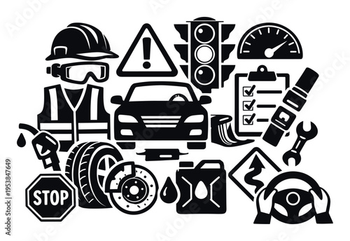 Collection of vehicle related icons showing car safety, traffic regulations, repair, and transportation elements