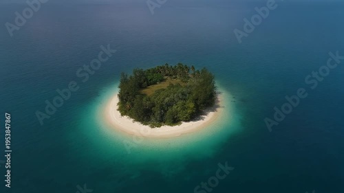 Aerial view of a small tropical island with lush greenery surrounded by turquoise water and white sandy beach