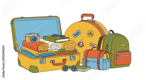 Travel essentials illustration suitcases bags and accessories