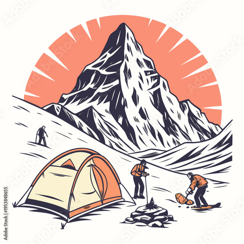 Snowy mountain landscape with campers and tent camping