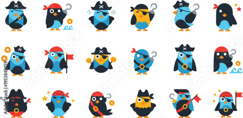 Cute Pirate Penguin Characters Vector Illustration Set with Cartoon Birds, Treasure, Hats, Hooks, and Funny Sea Adventure Design Collection