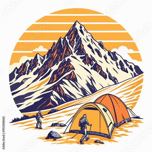Snowy mountain landscape with campers and tent camping