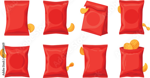 Potato Chips Packaging Vector Illustration Set with Red Snack Bags, Crisps, Open and Closed Packs, and Food Product Mockup Collection