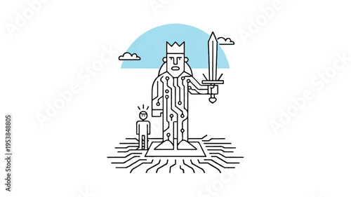 Illustration of a king with a sword standing on a circuit board with a smaller figure to the side under a half blue moon