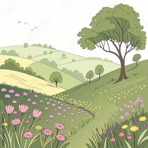 Tree and wildflowers on a green hillside nature landscape