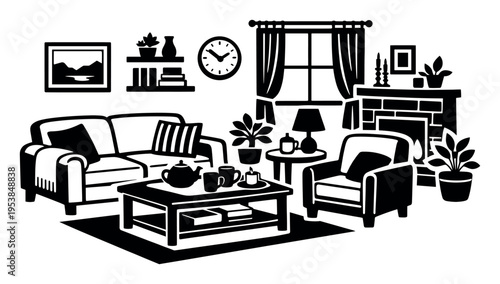Living room interior with furniture, window, and fireplace, representing home comfort, design, and domestic life