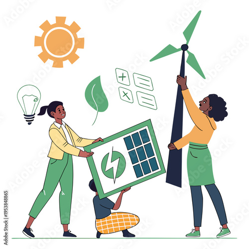 People installing solar panel and wind turbine installation