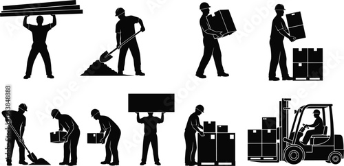 Construction workers silhouettes set vector illustration laborers lifting digging carrying boxes forklift operation industrial work isolated black figures