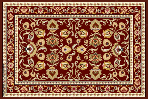 This image presents a traditional Persian carpet design featuring a symmetrical layout with a central medallion as the focal point.