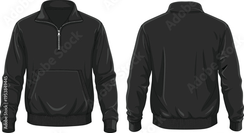Black quarter zip sweatshirt pullover technical fashion illustration front and back views detailed apparel design template clean vector clothing