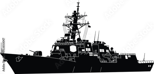 Modern naval warship destroyer silhouette vector illustration detailed military vessel side view isolated black ship design maritime defense concept