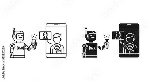 AI Robot Doctor Telemedicine Consultation Vector Icon Set: Modern Digital Healthcare and Online Medical Assistance with Smartphone Interface
