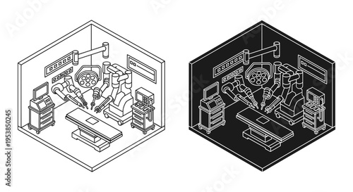 Isometric Robotic Surgery Room Vector Illustration Set with Medical Equipment, Operating Table, and Robotic Arms for Modern Healthcare and Technology Concepts