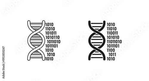 DNA Double Helix Structure with Binary Code Data Stream Vector Icon Set for Genetics, Biotechnology, and Digital Information Concepts
