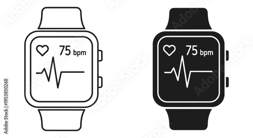 Smartwatch Heart Rate Monitor Icon Vector Set: Black and White Line Art and Solid Glyph Style for Health Tech Apps and Fitness Trackers