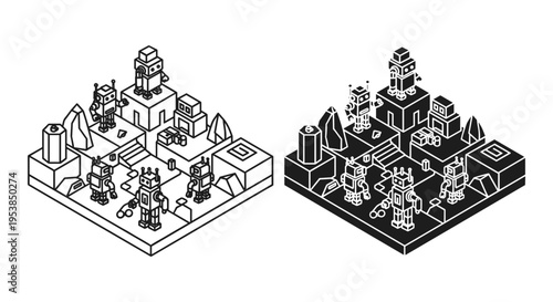 Isometric Fantasy Game Map Vector Illustration Set with Castle, Characters, and Terrain Elements in Black and White Outline Styles for Digital Design