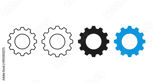 Set of 4 Gear Icons Vector in Outline, Filled, and Blue Styles for Settings, Cogwheel, and Mechanism Concepts, Isolated on White Background