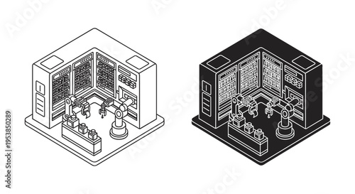 Isometric Smart Factory Automation Vector Illustration Set with Robotic Arms and Conveyor Belts for Industrial Production and Technology Concepts