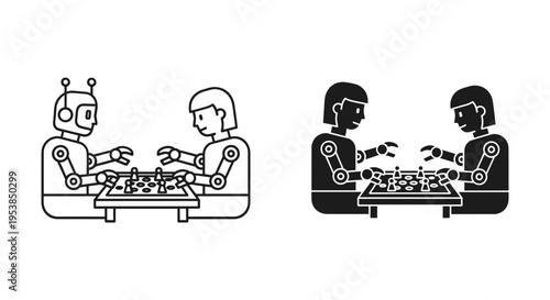 AI Robot Playing Chess with Human Vector Icon Set - Artificial Intelligence vs Human Brain Strategy Game Outline and Solid Black Flat Design