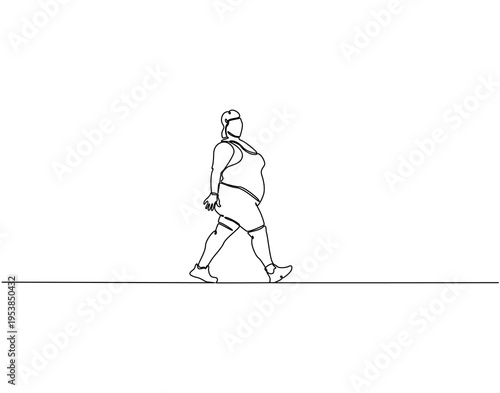 Continuous one line drawing of obese women running. One line drawing illustration of overweight woman running. Diet, motivation, confidence concept single line. Editable outline