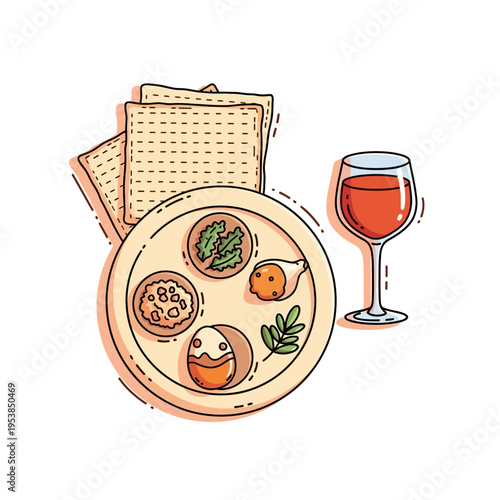 An illustration of a Passover Seder plate with symbolic foods, matzah crackers, and a glass of red wine, depicting Jewish holiday traditions.