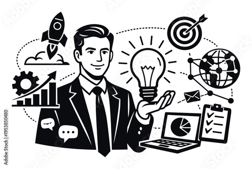 Business professional developing new ideas, outlining startup strategies, aiming for goals, and achieving market growth