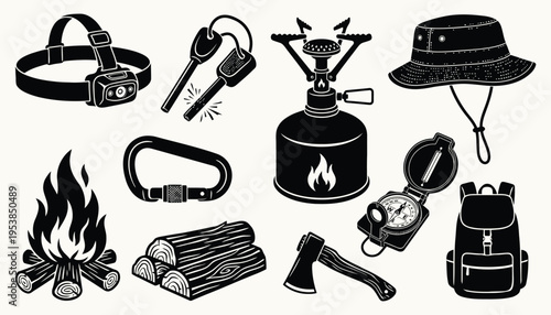 Camping and Hiking Gear Icons in Vintage Woodcut Style