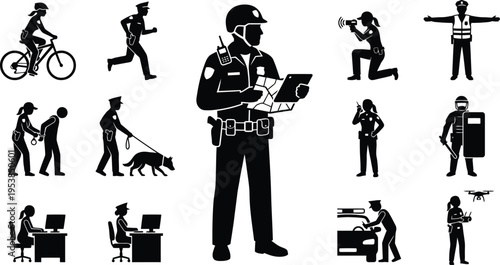 Police Officer Action Silhouette Icons Set