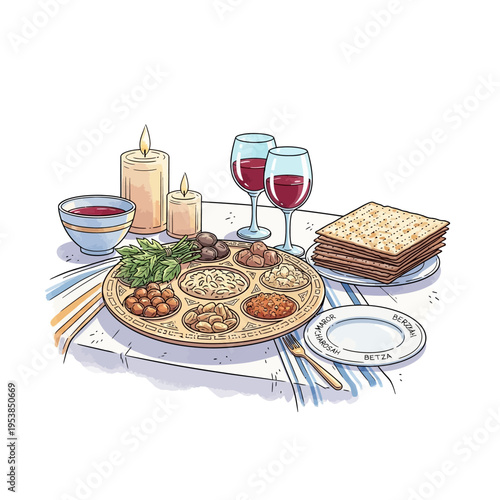 A detailed illustration of a traditional Passover Seder table setting with symbolic foods, matzah, wine, and candles.